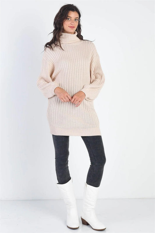Ecru Cotton Blend Knit Ribbed Turtle Neck Sweater /1-2-2 - Tasha Apparel Wholesale
