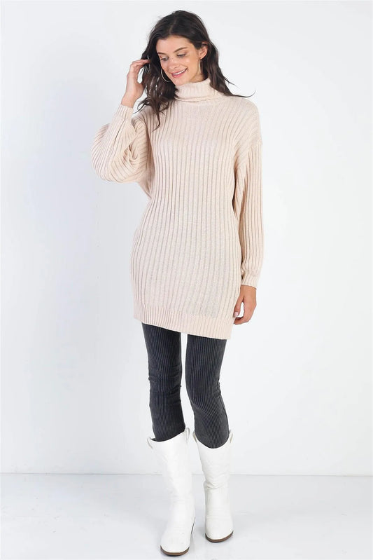 Ecru Cotton Blend Knit Ribbed Turtle Neck Sweater /2-2-2 - Tasha Apparel Wholesale