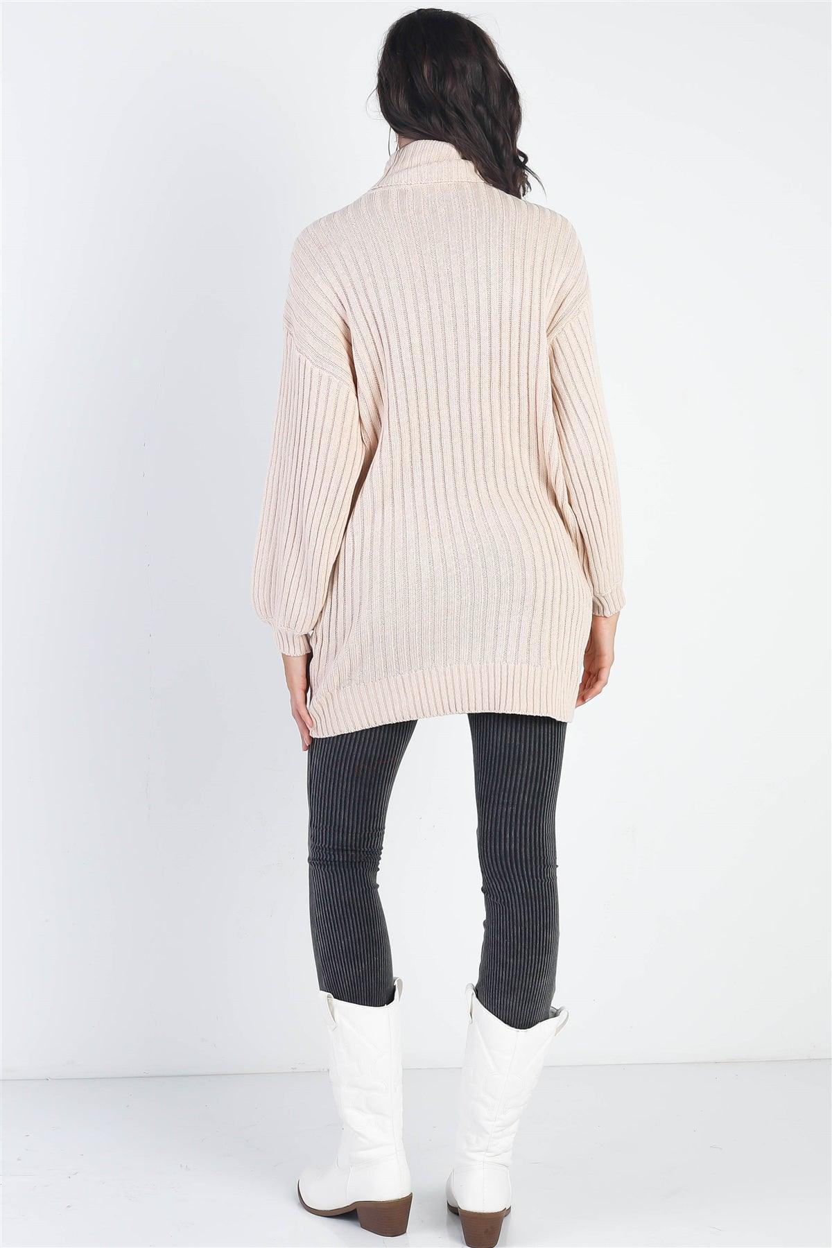 Ecru Cotton Blend Knit Ribbed Turtle Neck Sweater /2-2-2