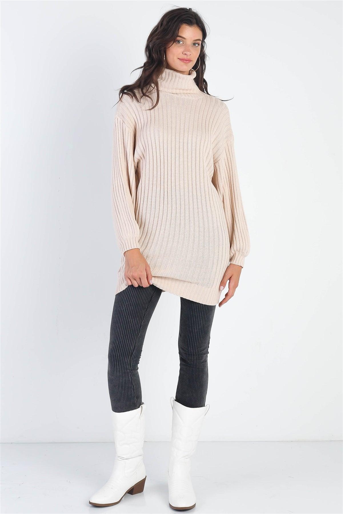 Ecru Cotton Blend Knit Ribbed Turtle Neck Sweater /2-2-2