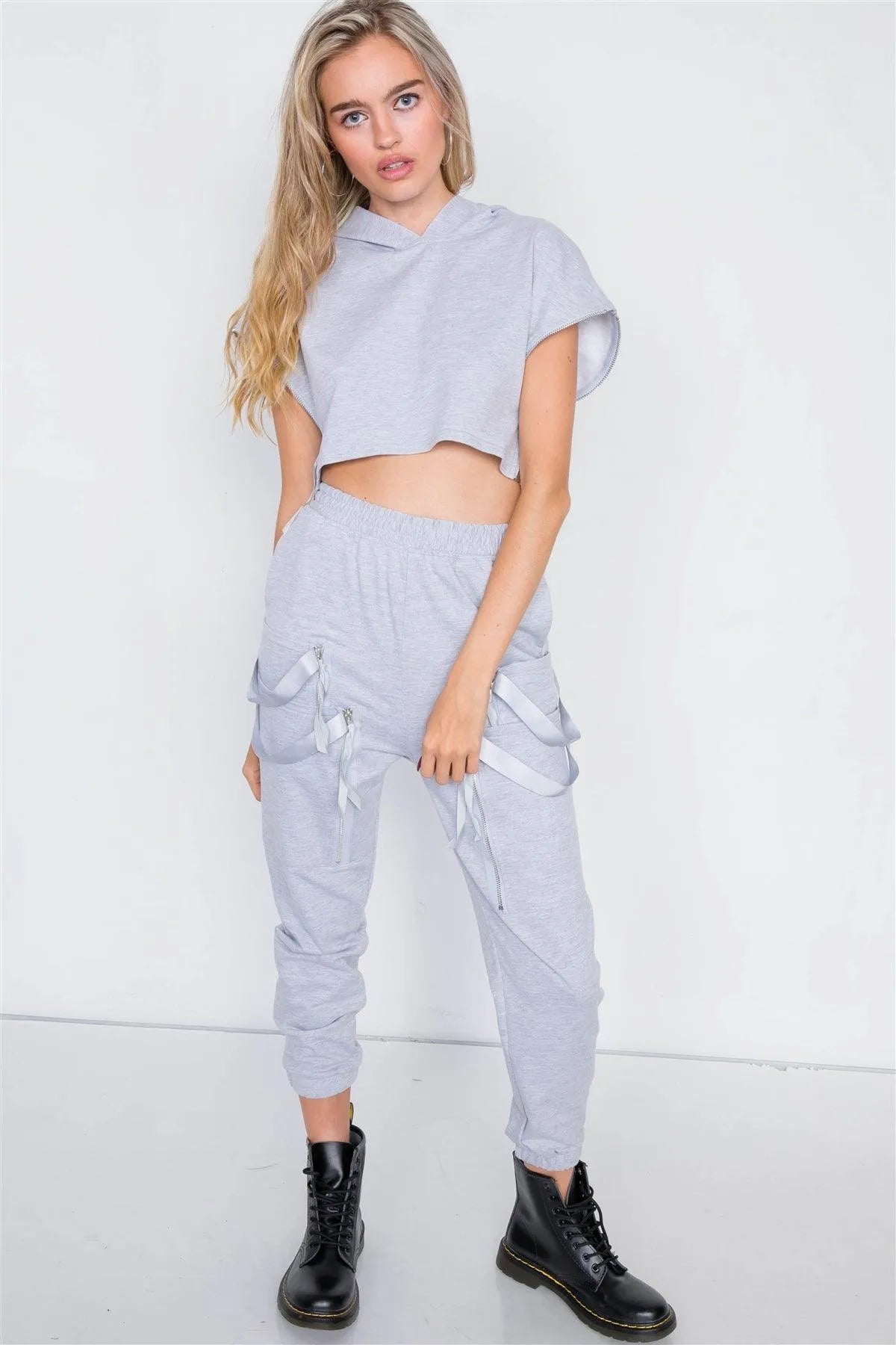 Grey Crop Hoodie Zipper Cargo Sweat Pant Set /2-2-2 - Tasha Apparel Wholesale