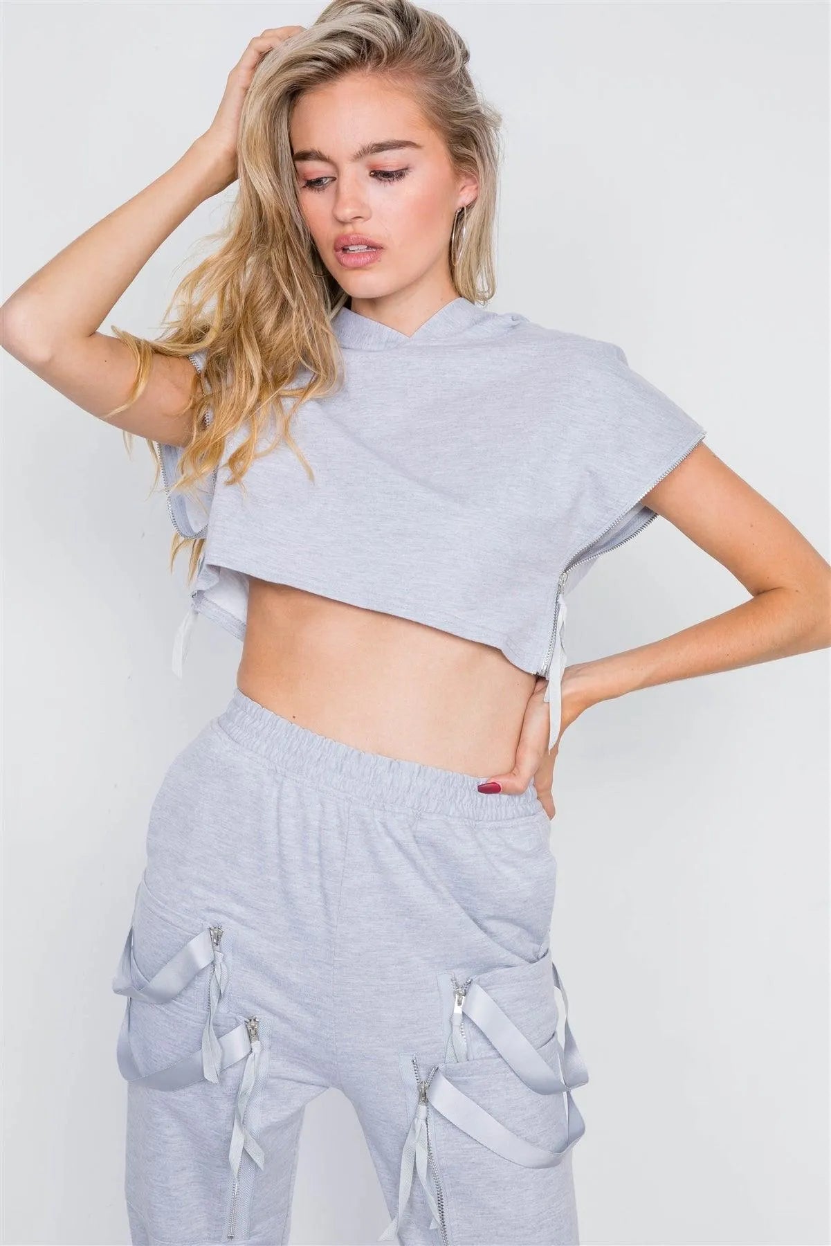 Grey Crop Hoodie Zipper Cargo Sweat Pant Set /2-2-2 - Tasha Apparel Wholesale