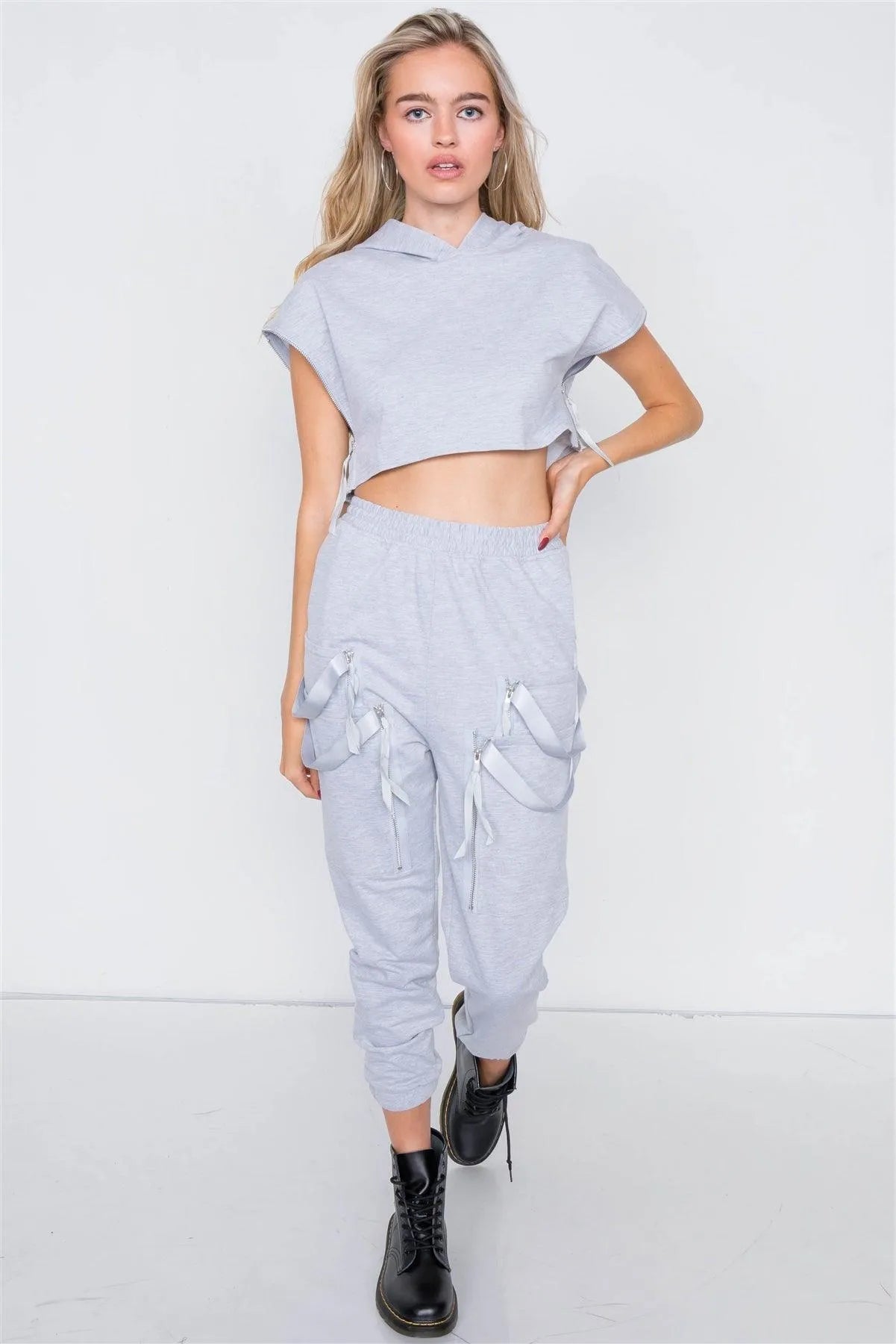 Grey Crop Hoodie Zipper Cargo Sweat Pant Set /2-2-2 - Tasha Apparel Wholesale