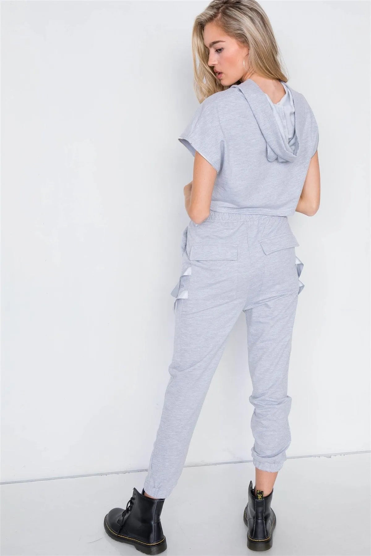 Grey Crop Hoodie Zipper Cargo Sweat Pant Set /2-2-2 - Tasha Apparel Wholesale
