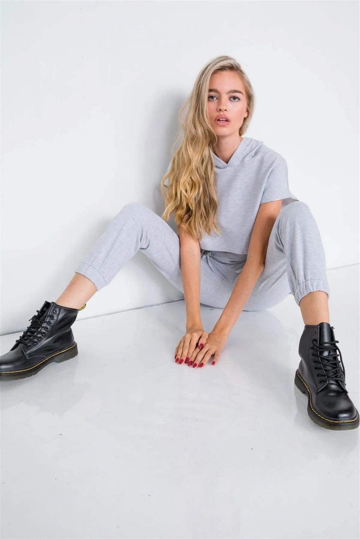 Grey Crop Hoodie Zipper Cargo Sweat Pant Set /2-2-2 - Tasha Apparel Wholesale