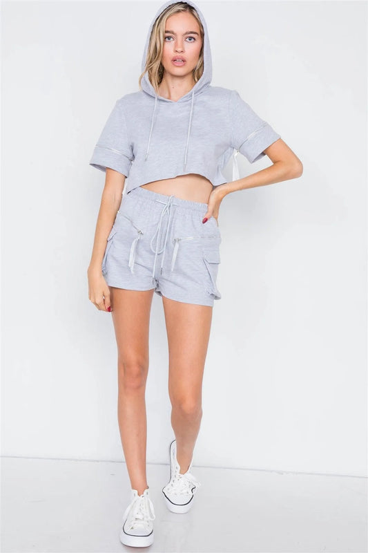 Grey Comfy Zipper Hoodie Cop Top & Short Shorts Set /2-2-2 - Tasha Apparel Wholesale