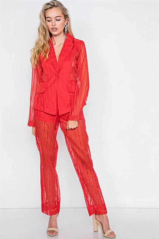 Red Sheer Pinstripe Blazer & High-Waist Pant Set /2-2-2 - Tasha Apparel Wholesale