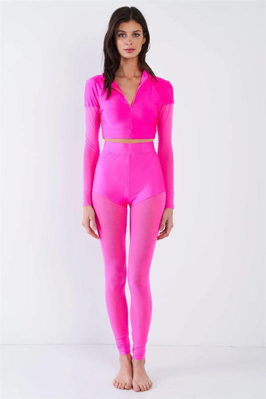 Hot Pink Neon Sheer Color Block Mock Neck Top & Ankle Legging Set /2-2-2 - Tasha Apparel Wholesale