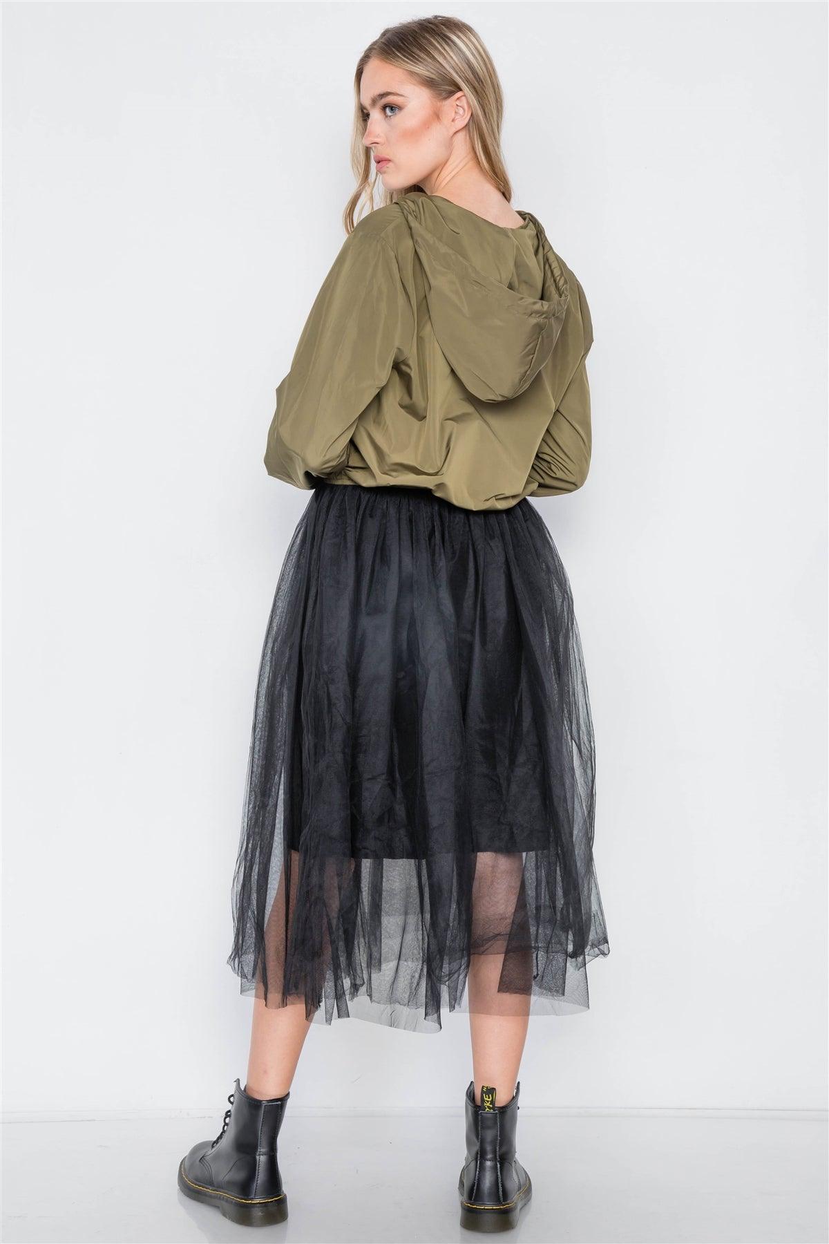 Olive Black Combo Tulle Midi Jacket Dress /2-2-2