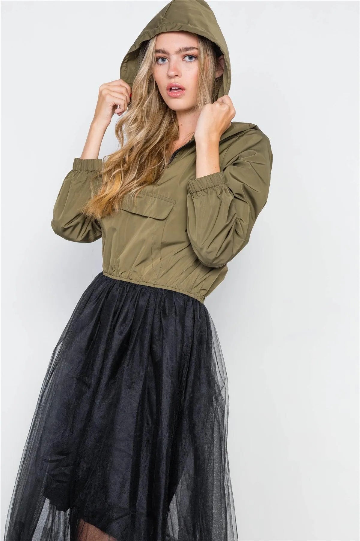 Olive Black Combo Tulle Midi Jacket Dress /2-2-2 - Tasha Apparel Wholesale