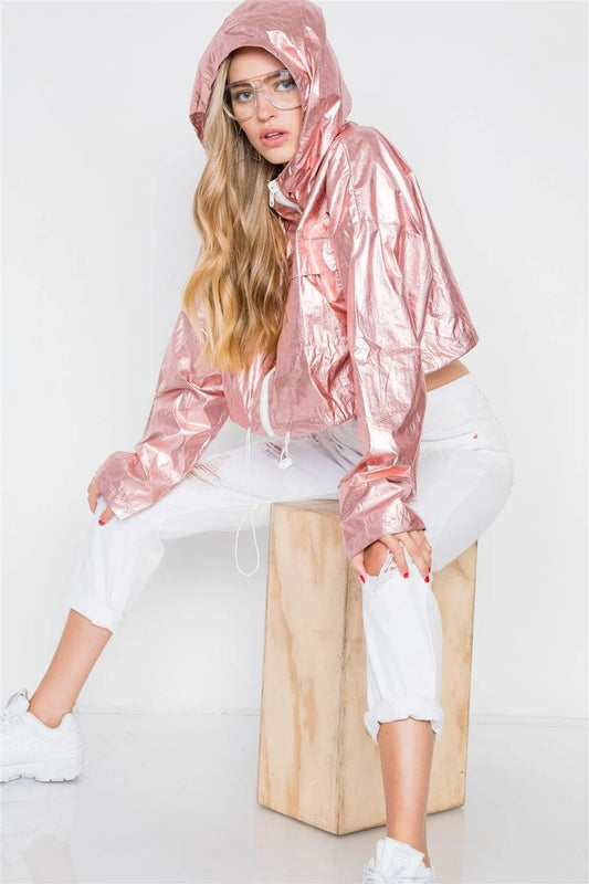 Rose Gold Cropped Lightweight Metallic Jacket / 2-2-2 - Tasha Apparel Wholesale