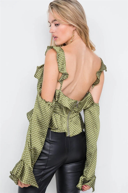 Satin Olive Cinched Flounce Off-The-Shoulder Polkadot Top /2-2-2 - Tasha Apparel Wholesale
