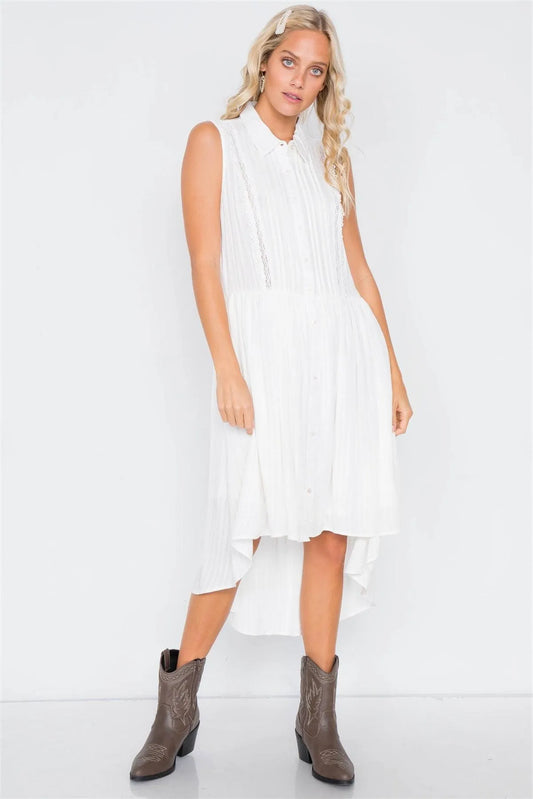 Off-White Sheer Pleated Lace Trim High-Low Full Skirt Midi Dress /2-1-2 - Tasha Apparel Wholesale