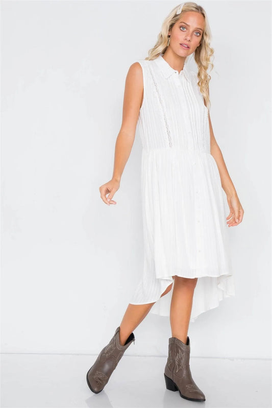Off-White Sheer Pleated Lace Trim High-Low Full Skirt Midi Dress/2-2-2 - Tasha Apparel Wholesale