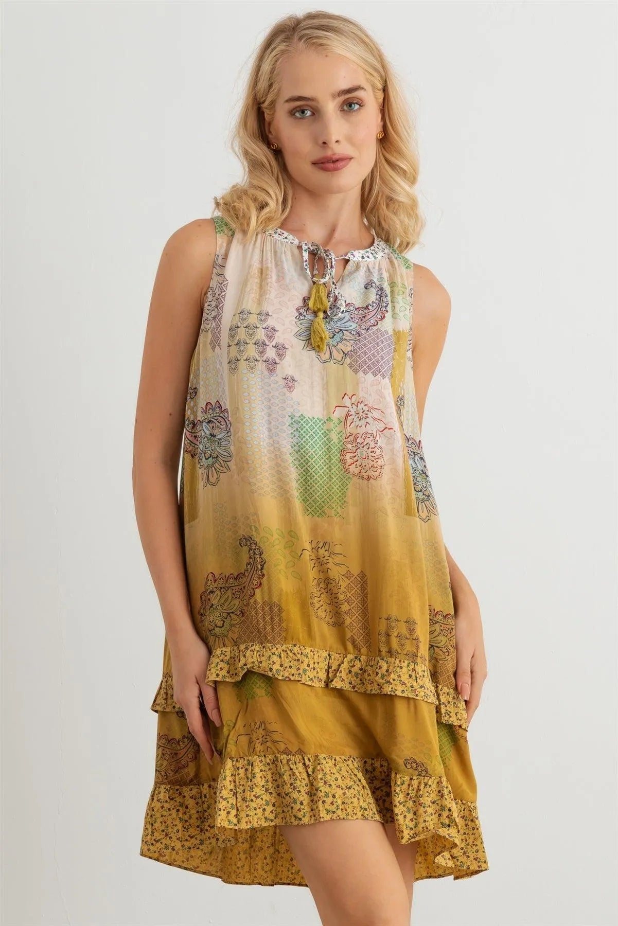 Paisley Tie Neck Sleeveless Ruffle Relax Mini Dress - Tasha Apparel Wholesale