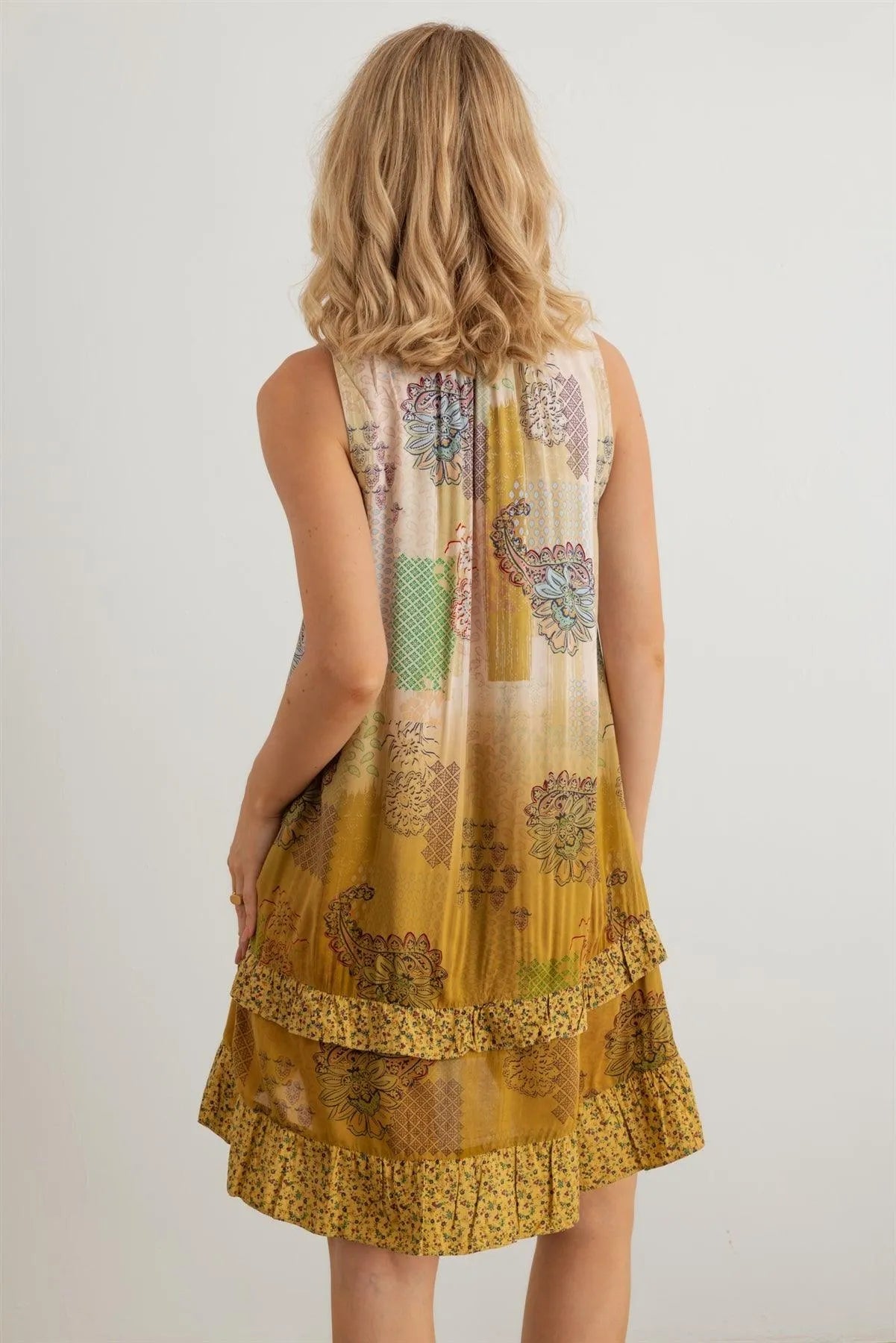 Paisley Tie Neck Sleeveless Ruffle Relax Mini Dress - Tasha Apparel Wholesale