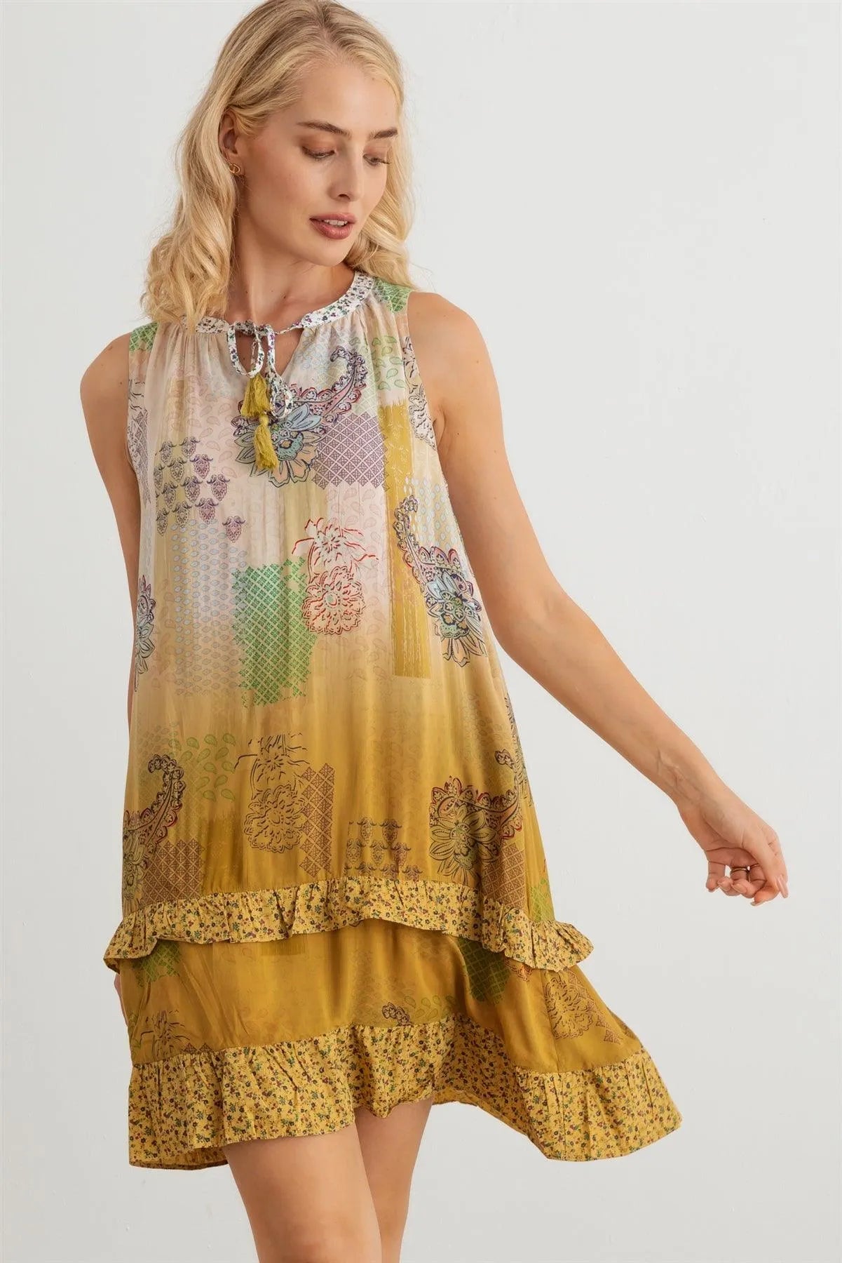 Paisley Tie Neck Sleeveless Ruffle Relax Mini Dress - Tasha Apparel Wholesale