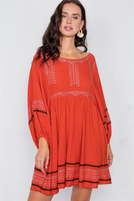 Dusty Red Embroidery Long Sleeve Boho Dress / 2-2-2 - Tasha Apparel Wholesale