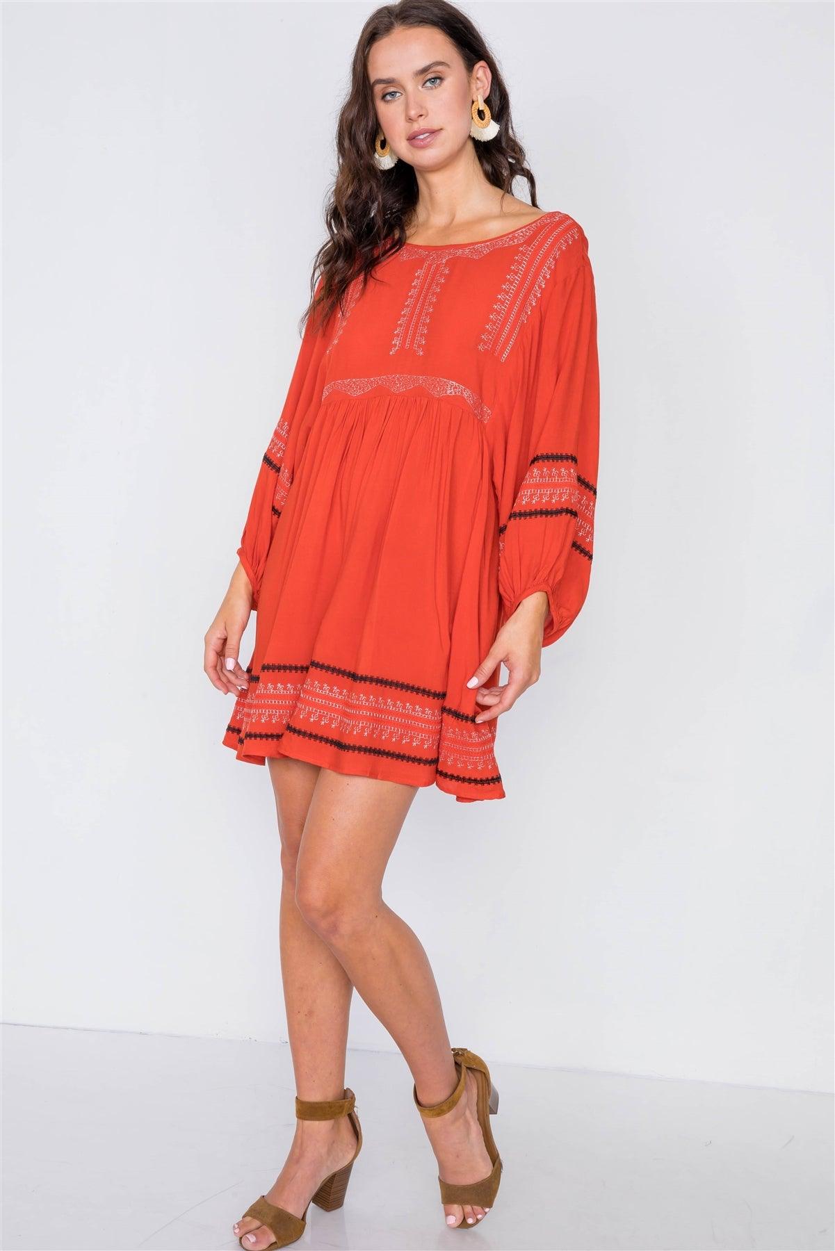 Dusty Red Embroidery Long Sleeve Boho Dress / 2-2-2