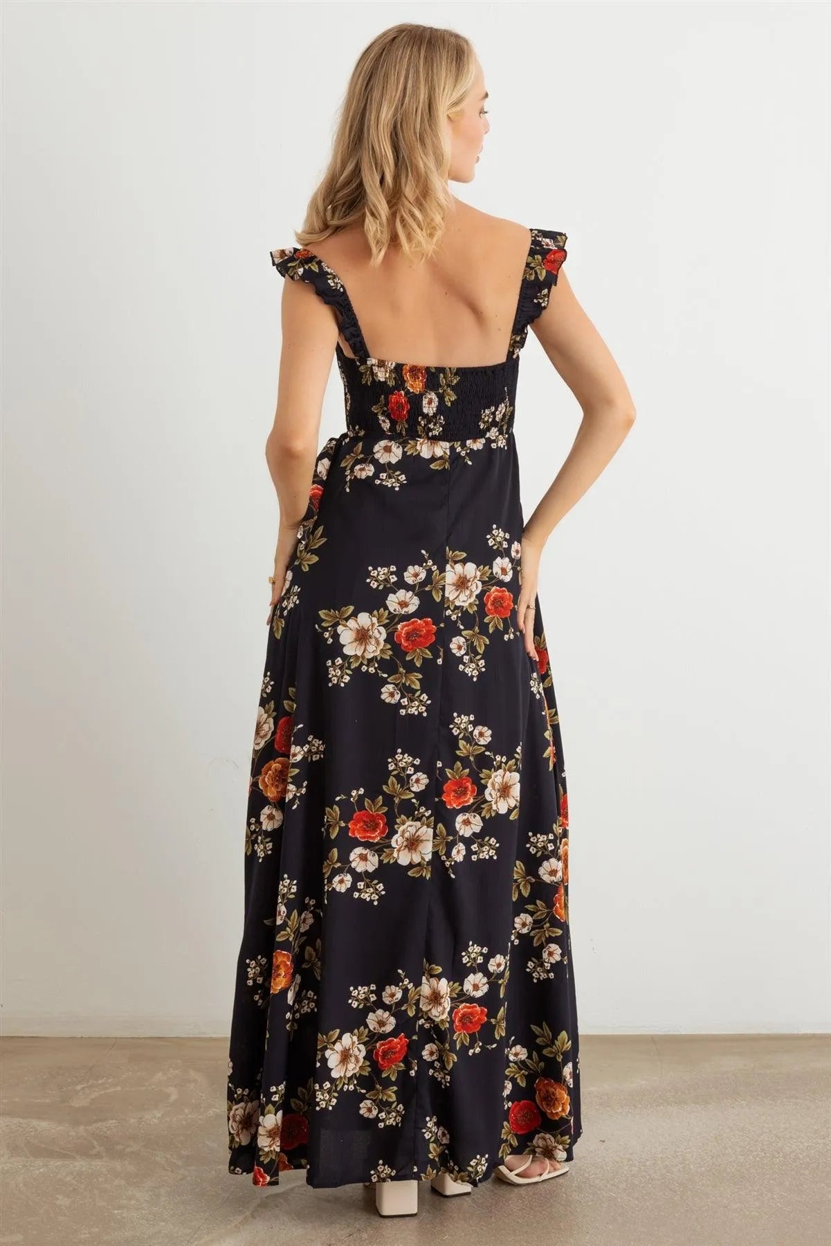 Floral Smocked Ruffle Strap Maxi Dress - Tasha Apparel Wholesale