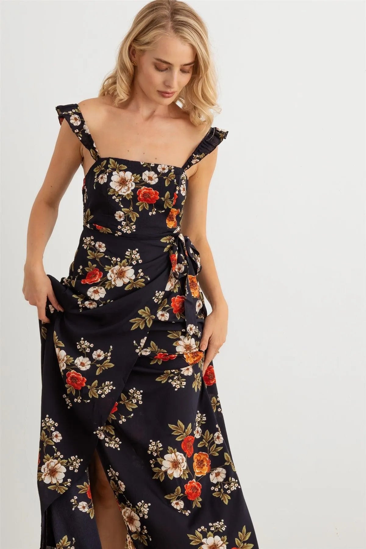 Floral Smocked Ruffle Strap Maxi Dress - Tasha Apparel Wholesale