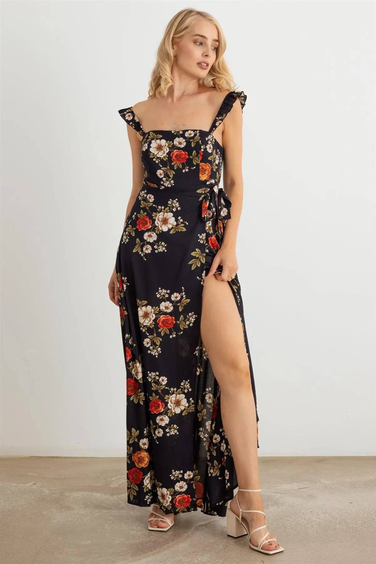 Floral Smocked Ruffle Strap Maxi Dress - Tasha Apparel Wholesale