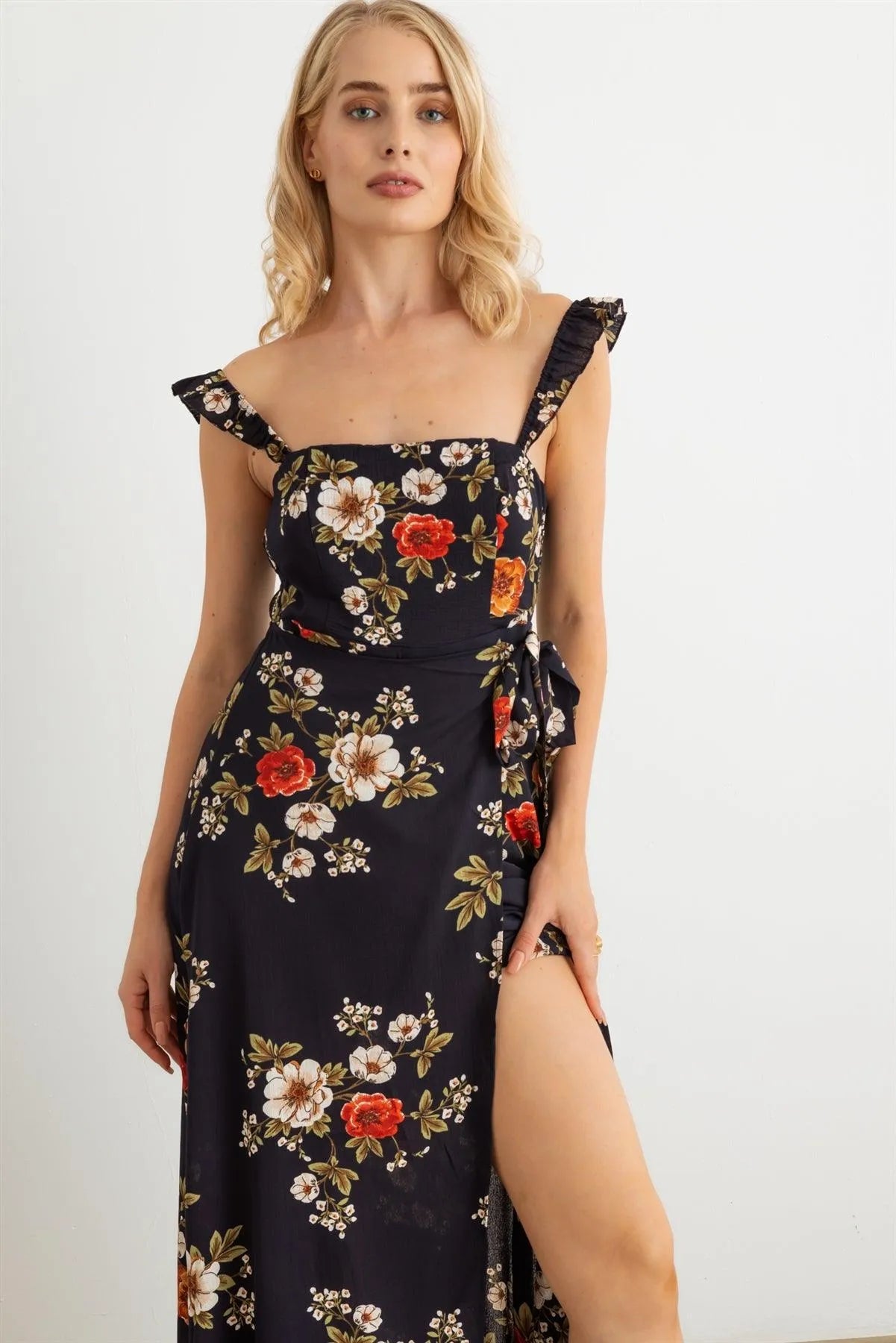 Floral Smocked Ruffle Strap Maxi Dress - Tasha Apparel Wholesale