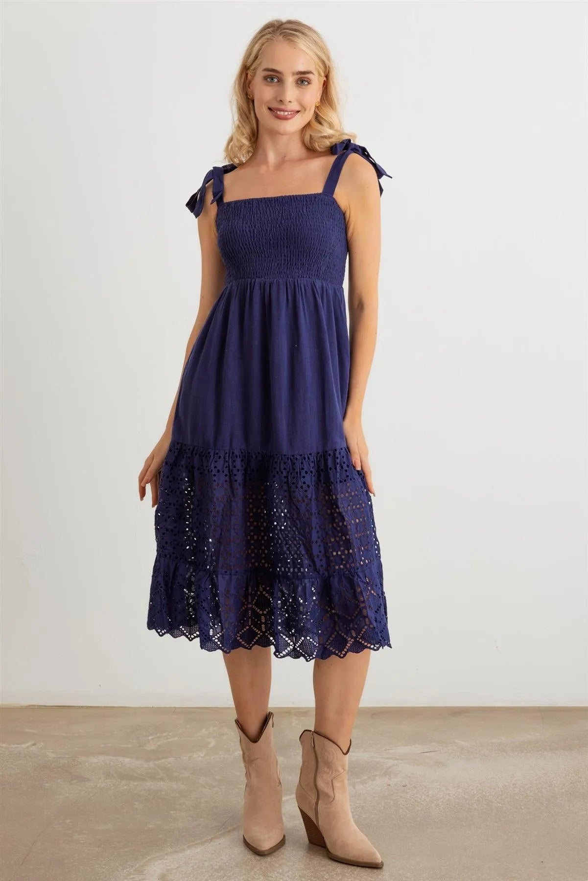 Tie Strap Lace Hem Eyelet Midi Dress - Tasha Apparel Wholesale