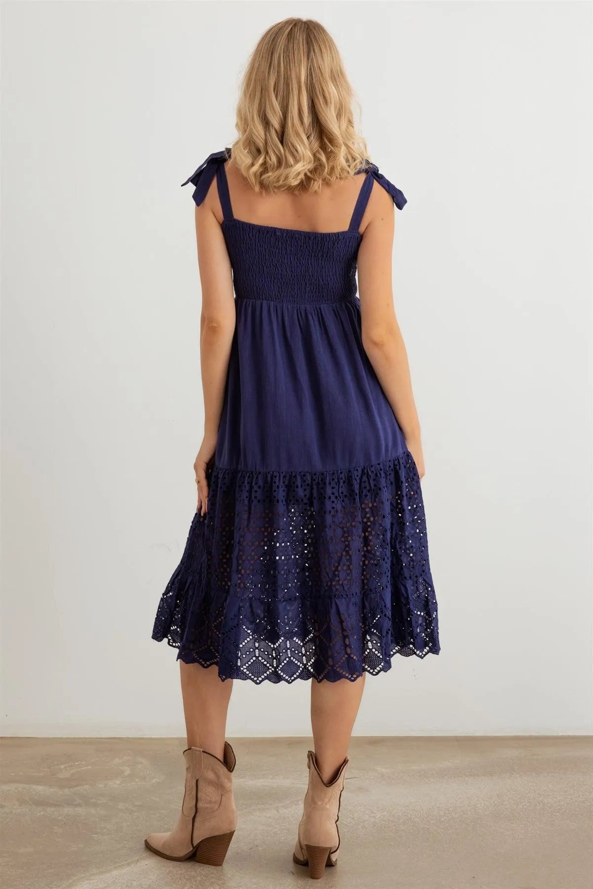 Tie Strap Lace Hem Eyelet Midi Dress - Tasha Apparel Wholesale