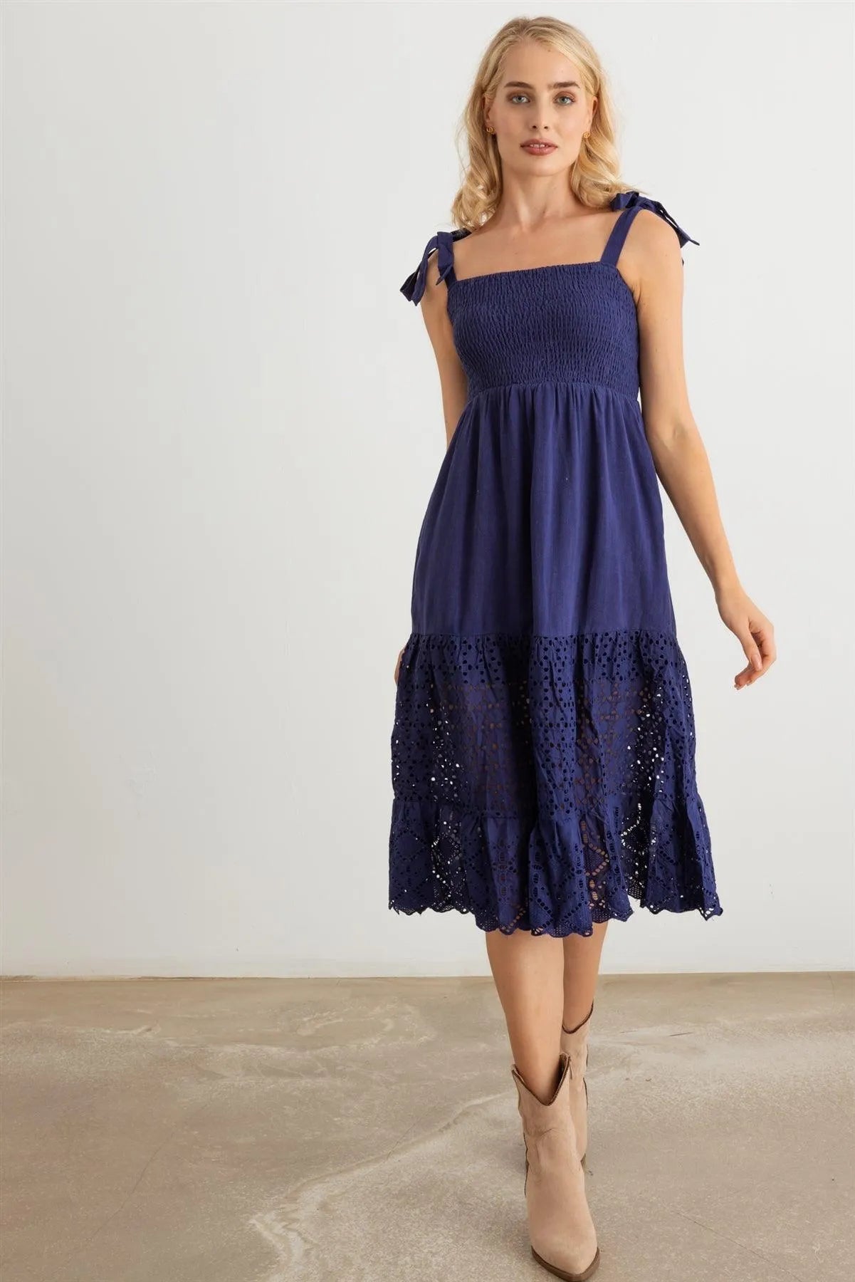Tie Strap Lace Hem Eyelet Midi Dress - Tasha Apparel Wholesale