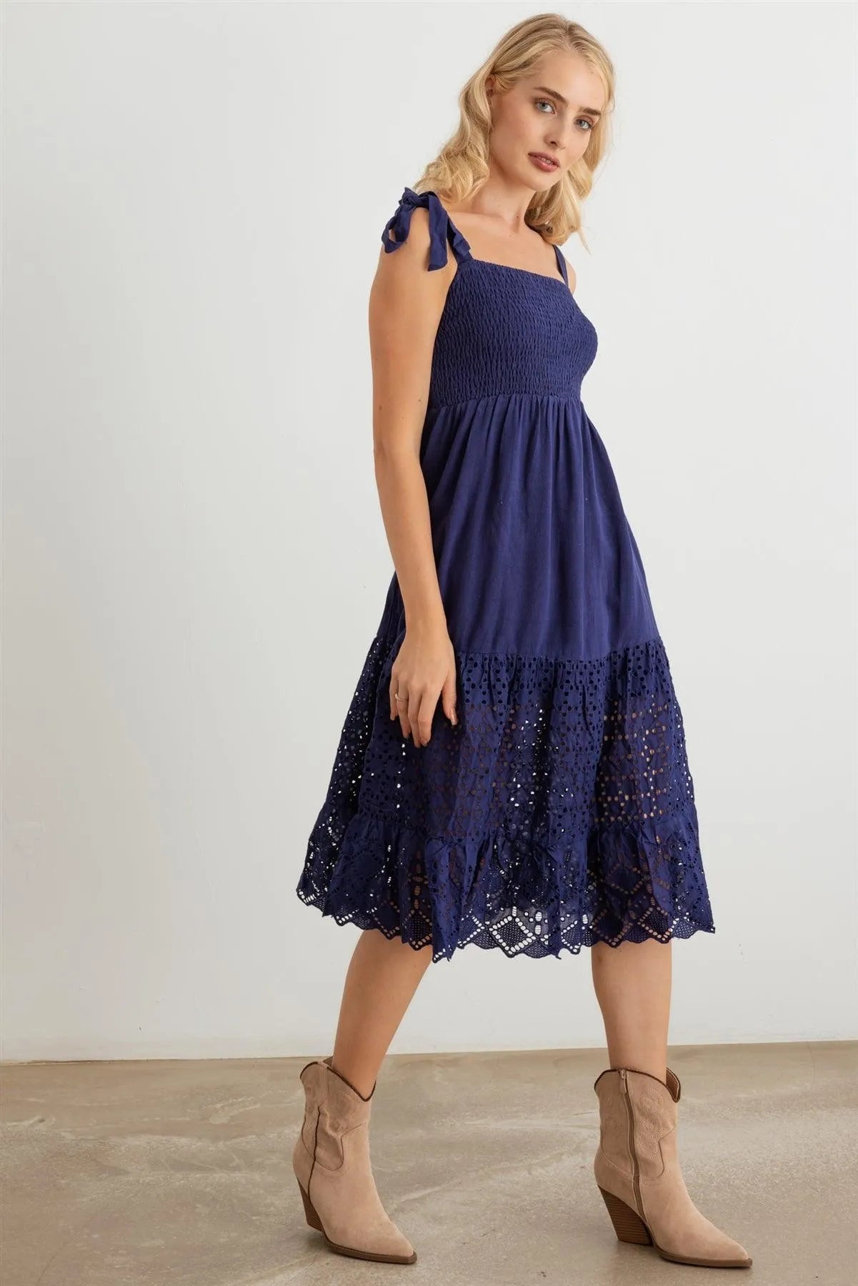 Tie Strap Lace Hem Eyelet Midi Dress - Tasha Apparel Wholesale