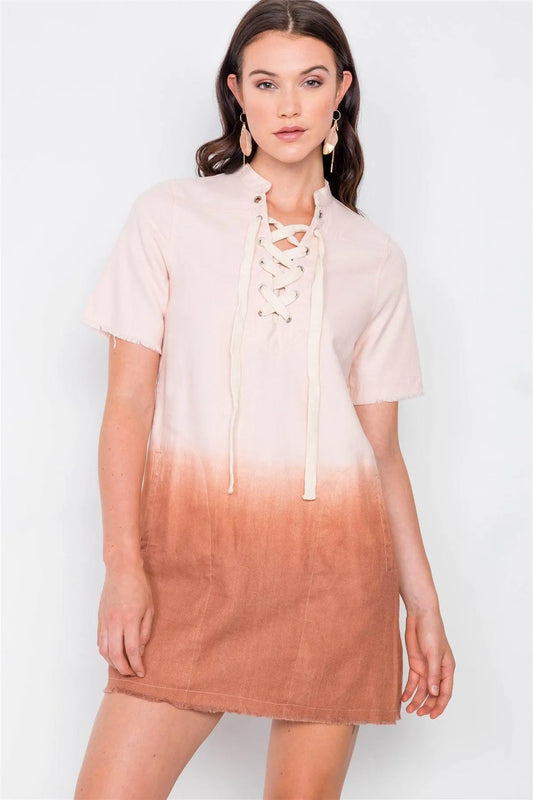 Mauve Dip Tie Dye Lace Up Mini Shift Dress /2-2-2 - Tasha Apparel Wholesale