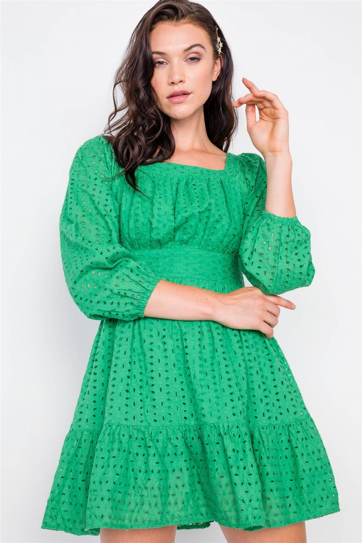 Kelly Green Lace Floral Eyelet Mini Midi Frill Dress / 2-2-2
