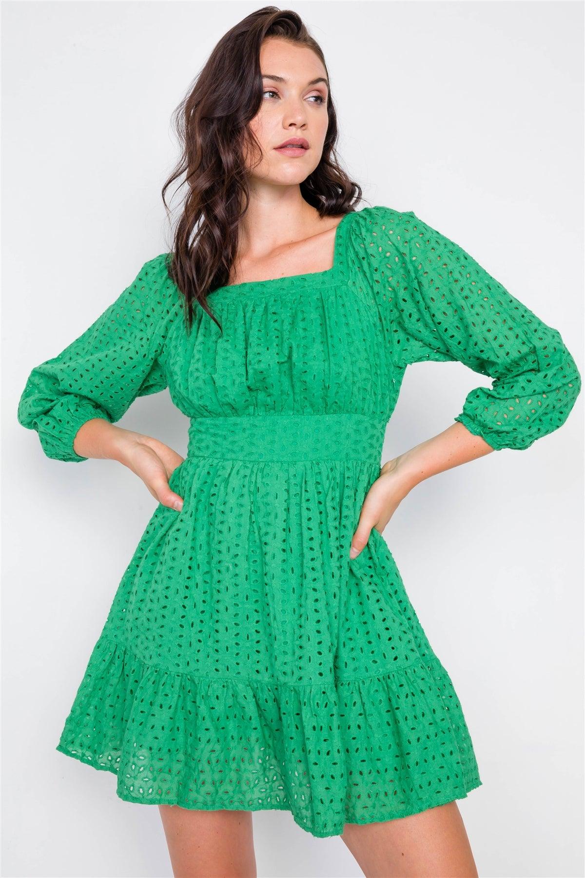 Kelly Green Lace Floral Eyelet Mini Midi Frill Dress / 2-2-2