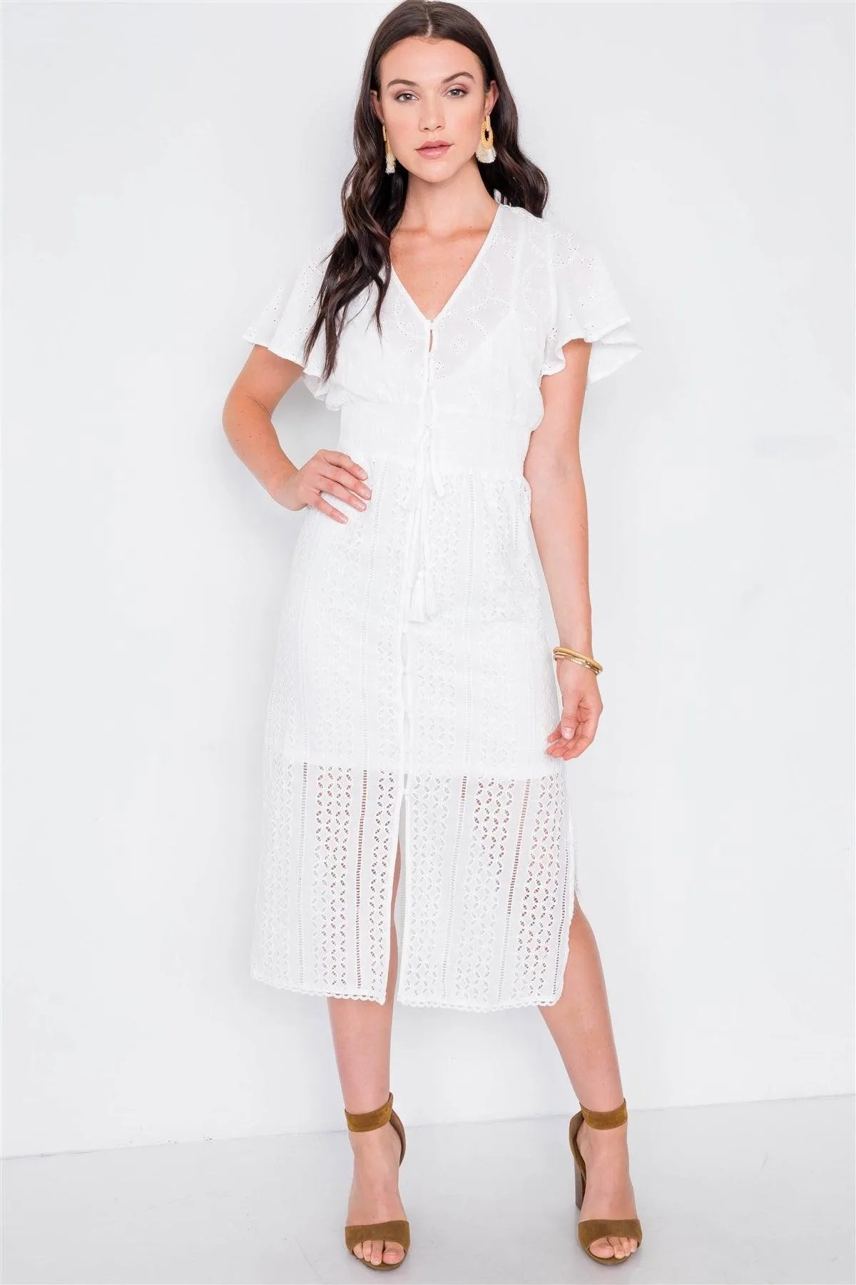 Off White Eyelet Midi Dress /1-2-2 - Tasha Apparel Wholesale