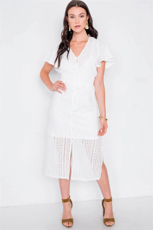 Off White Eyelet Midi Dress /1-2-2 - Tasha Apparel Wholesale