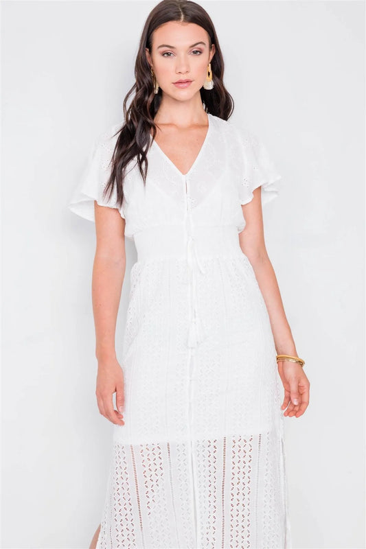 Off White Eyelet Midi Dress /2-2-2 - Tasha Apparel Wholesale