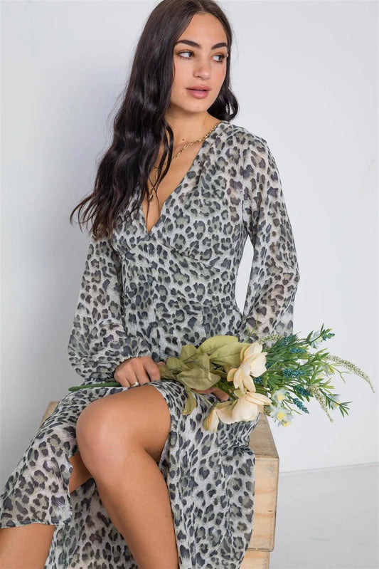 Olive Animal Print Chiffon Long Sleeve Maxi Dress /2-2-2 - Tasha Apparel Wholesale