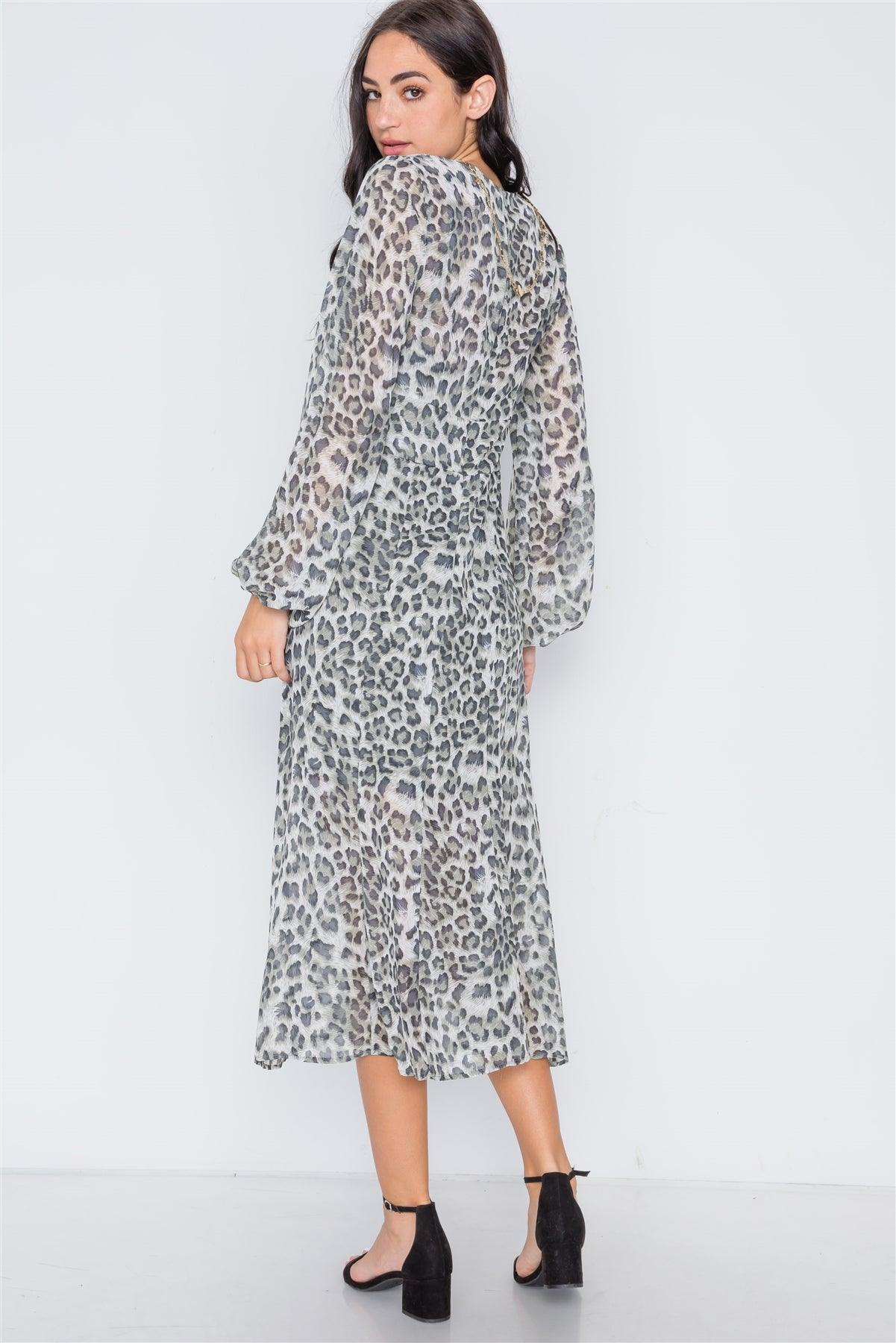 Olive Animal Print Chiffon Long Sleeve Maxi Dress /2-2-2