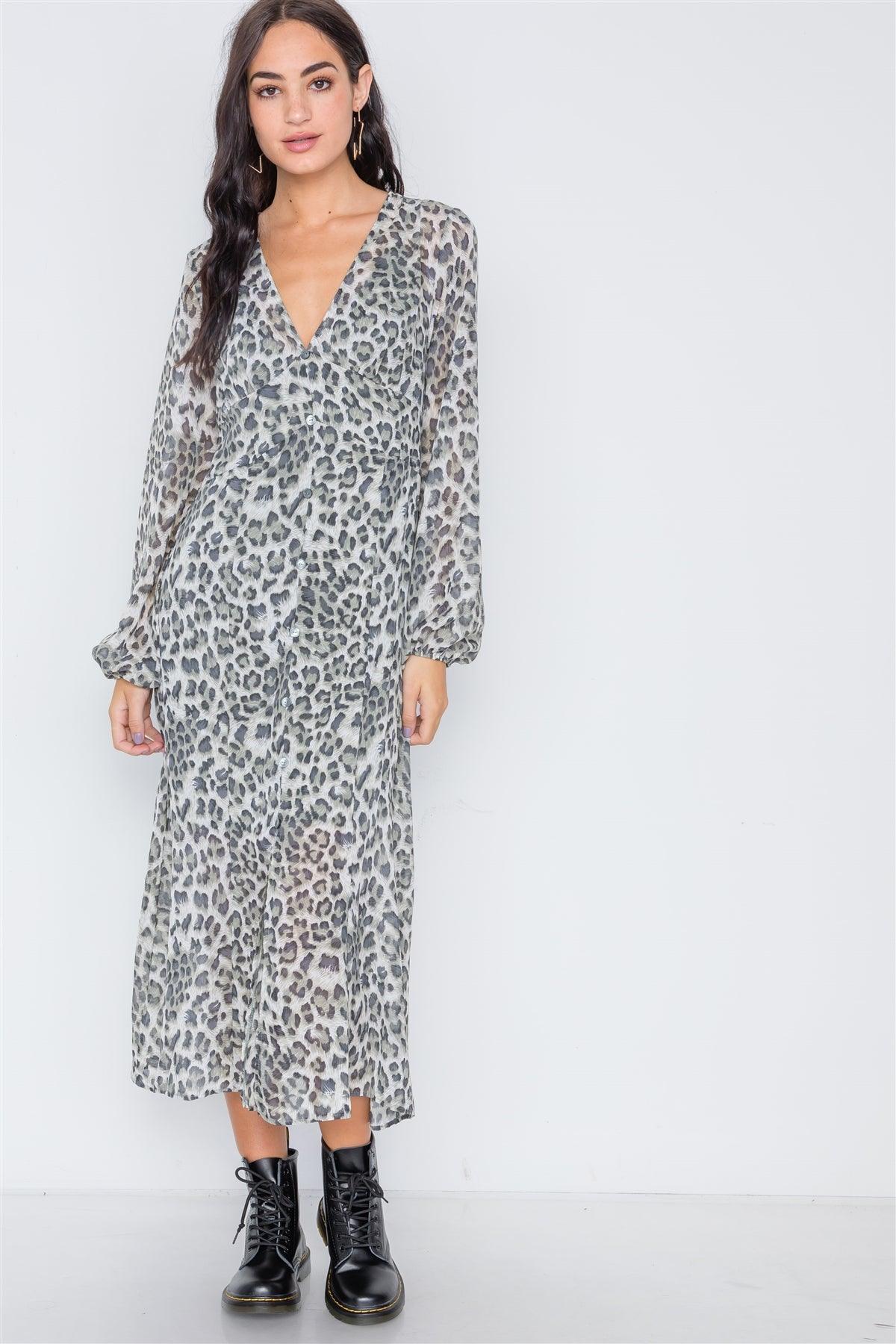 Olive Animal Print Chiffon Long Sleeve Maxi Dress /2-2-2
