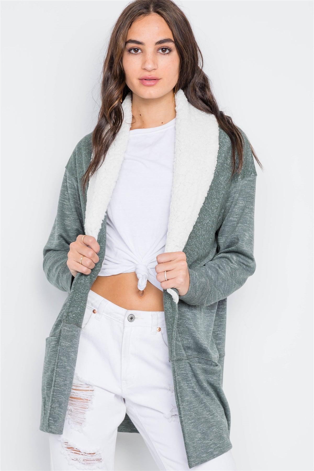Olive Open-Front Fuzzy Collar Long Sleeve Cardigan /3-3