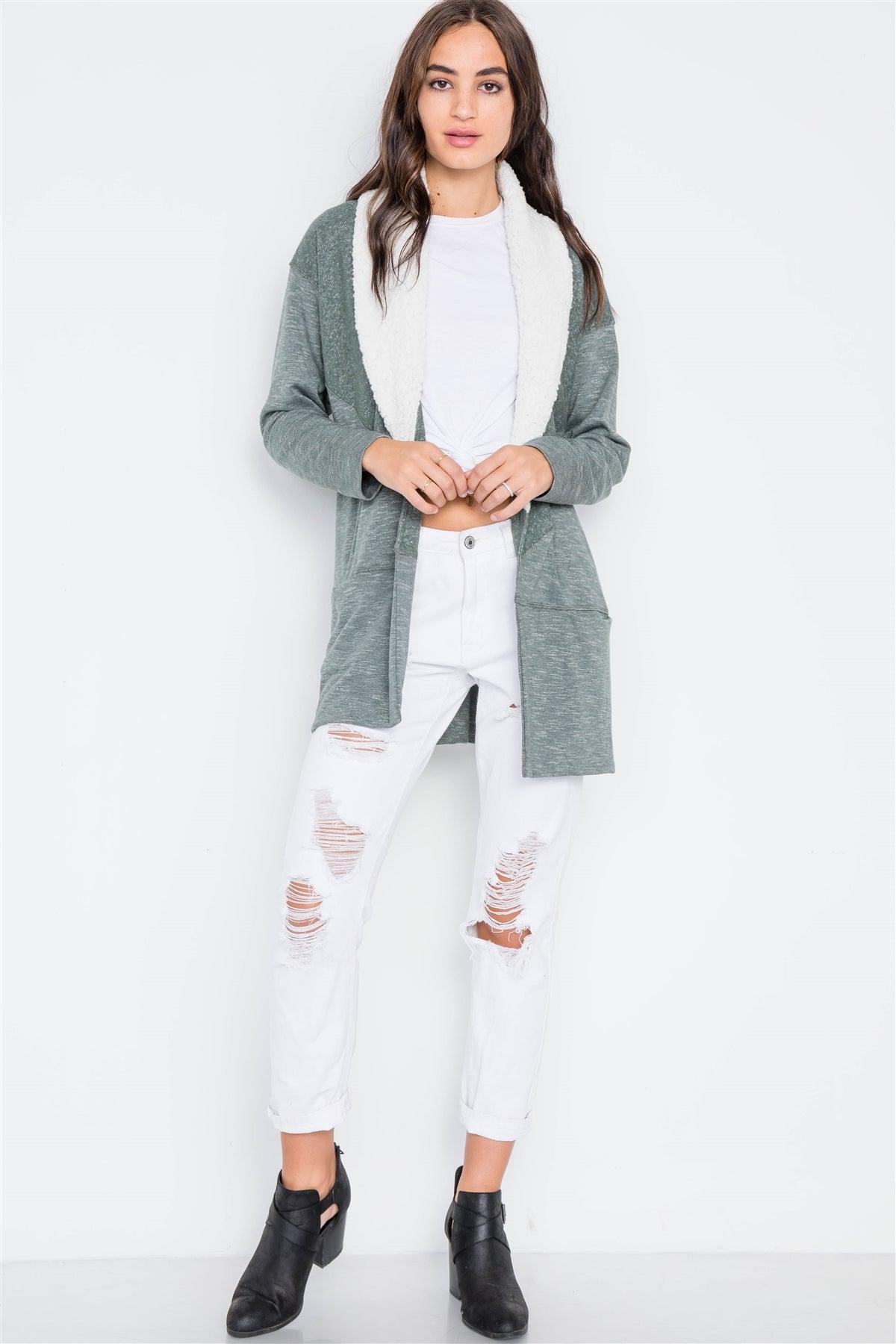 Olive Open-Front Fuzzy Collar Long Sleeve Cardigan /3-3