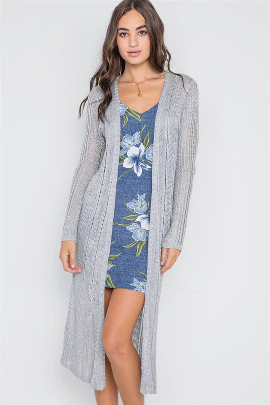 Heather Grey Knit Open Front Long Sleeve Cardigan /3-3 - Tasha Apparel Wholesale