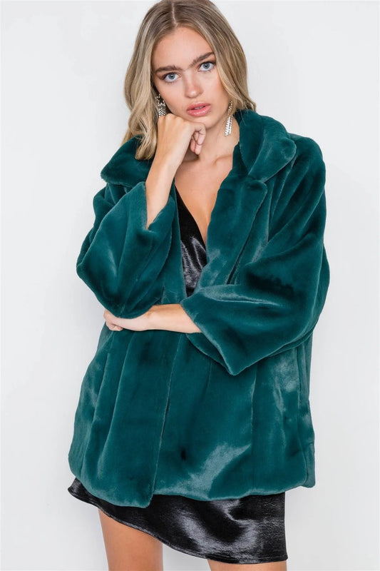 Kelly Green Faux Fur Open Front Long Sleeve Coat /2-2-2 - Tasha Apparel Wholesale