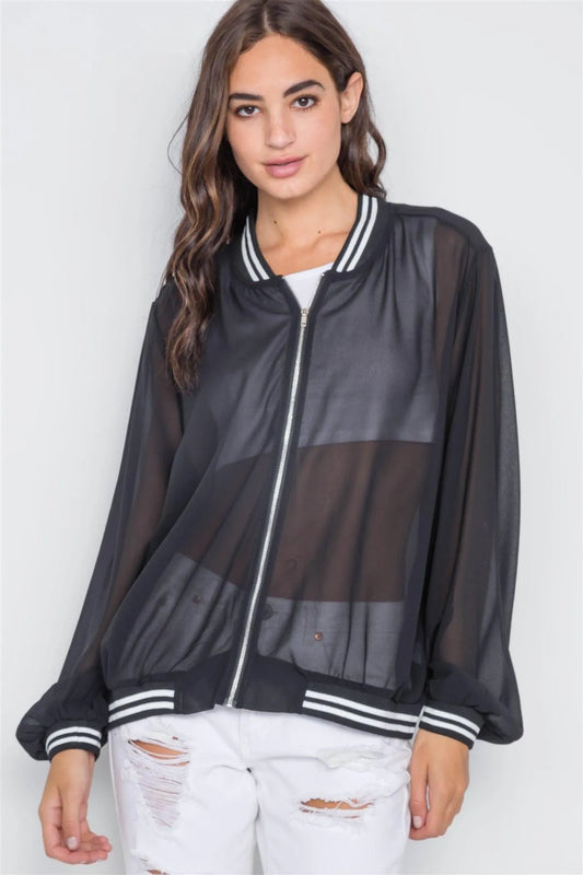 Black Sheer Contrast Trim Long Sleeve Light Jacket - Tasha Apparel Wholesale