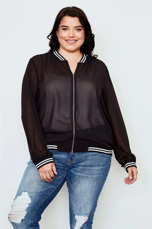 Plus Size Black Sheer Mesh Zipper Front Jacket /2-2-2 - Tasha Apparel Wholesale