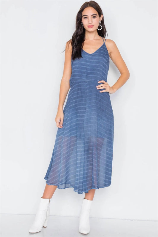 Sleeveless Contrast Stripes Sheer Flare Leg Jumpsuit - Tasha Apparel Wholesale