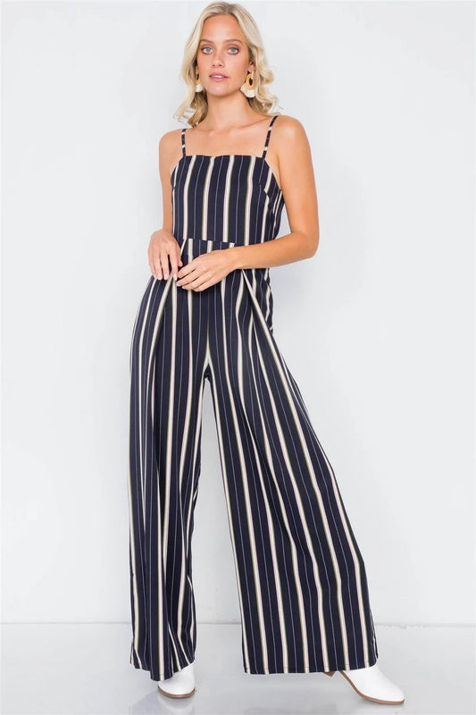 Navy Pleated Wide Leg Open Back Jumpsuit /2-2-2 - Tasha Apparel Wholesale