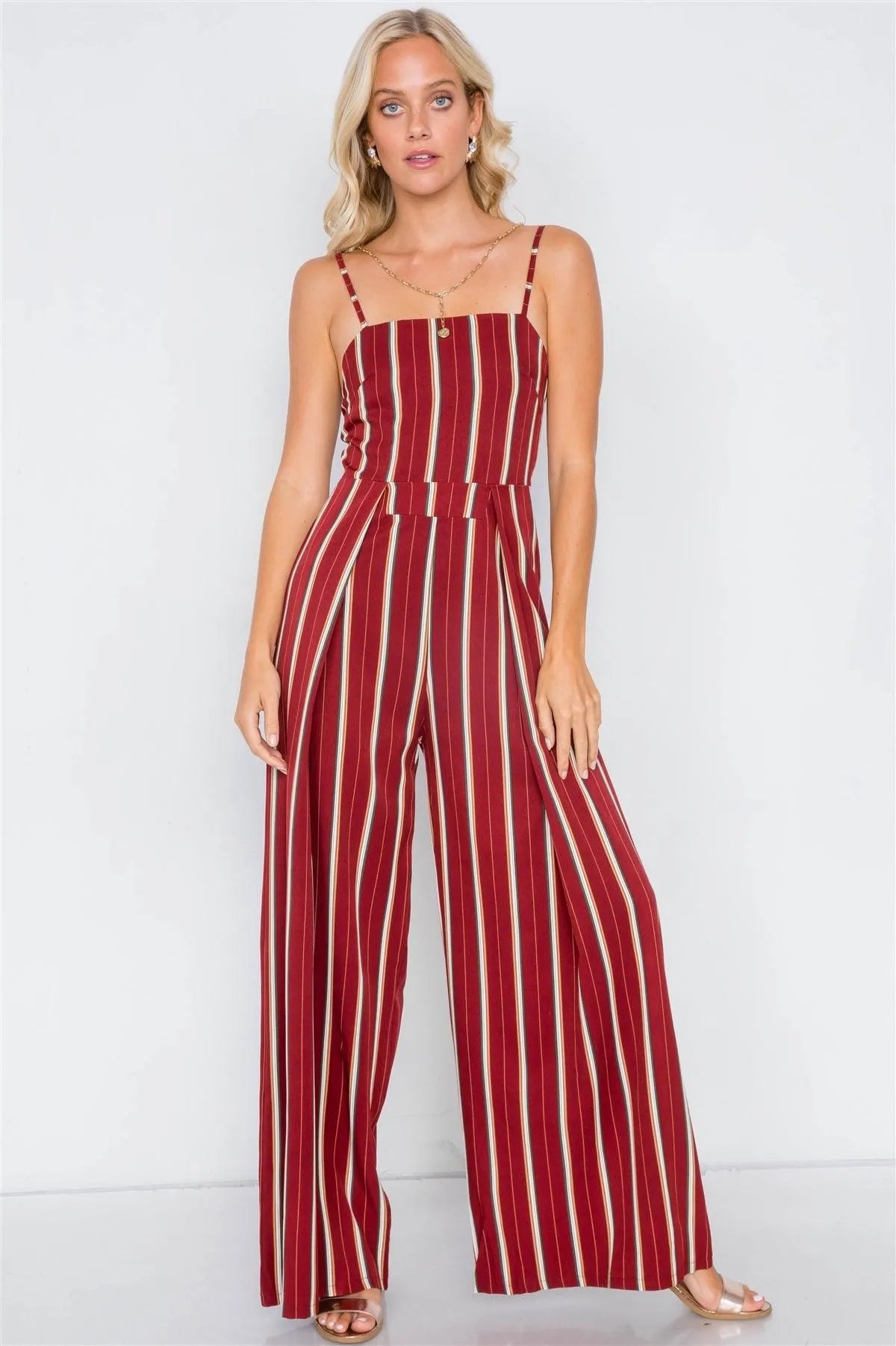 Rust Pleated Wide Leg Open Back Jumpsuit - Tasha Apparel Wholesale