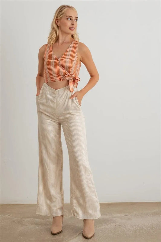 Dusty Coral Striped Wrap Tie Neck Sleeveless Two Pocket Jumpsuit - Tasha Apparel Wholesale